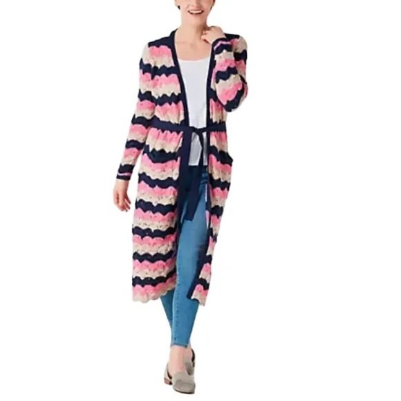 LAURIE FELT Pointelle Knit Belted Duster Cardigan  Navy Pink Beige SZ MP - Picture 2 of 13